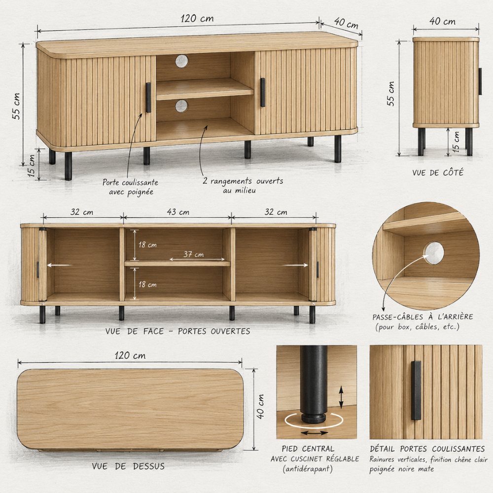 Meuble TV scandinave ton chêne et noir 120 cm – schéma des dimensions