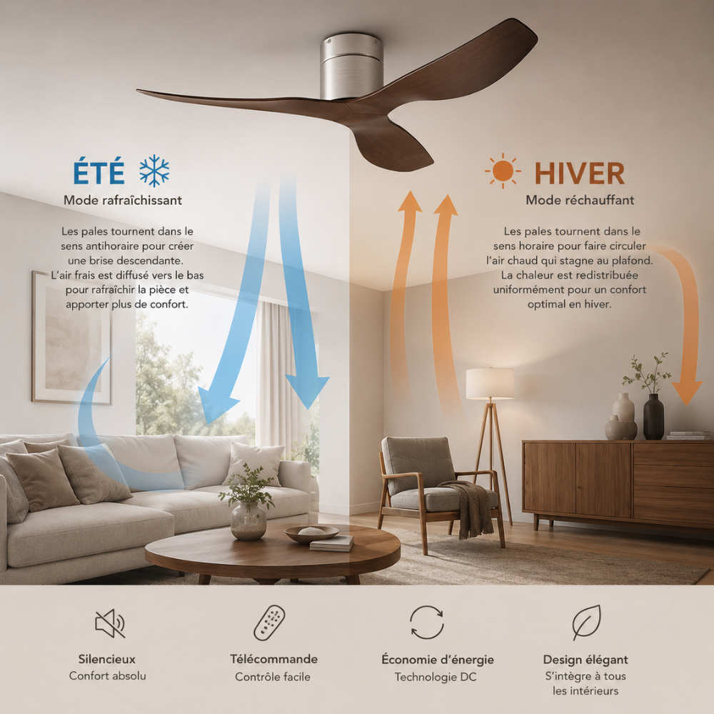 Ventilateur de plafond rétro argent, pales effet bois foncé – vue 5