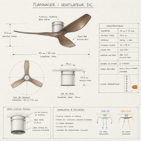 Ventilateur de Plafond – Argent & ABS Bois Foncé