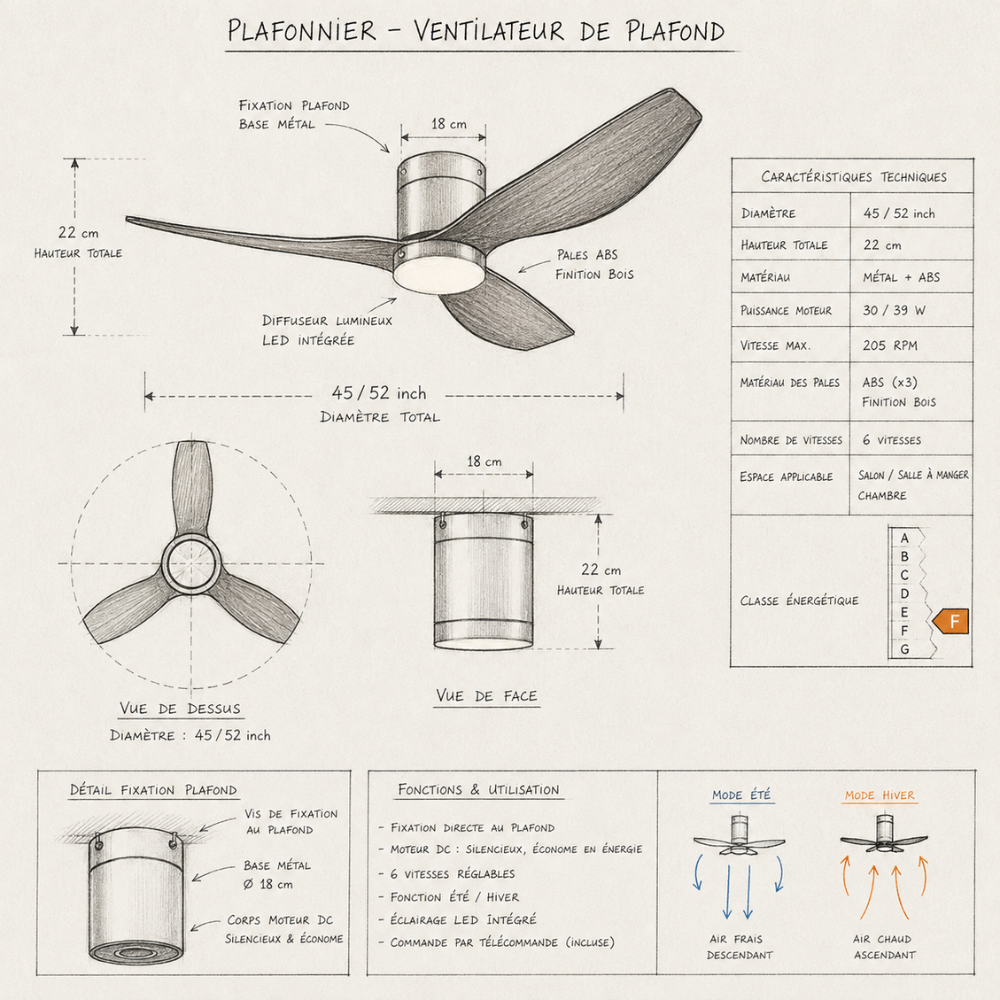 Ventilateur de plafond rétro, pales effet bois – vue détaillée