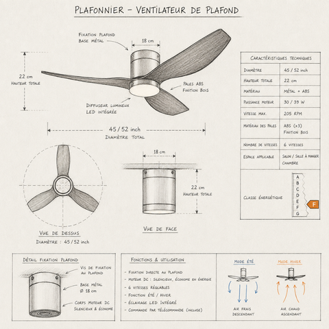 Ventilateur de Plafond LED intégrée– Argent & ABS Bois Foncé