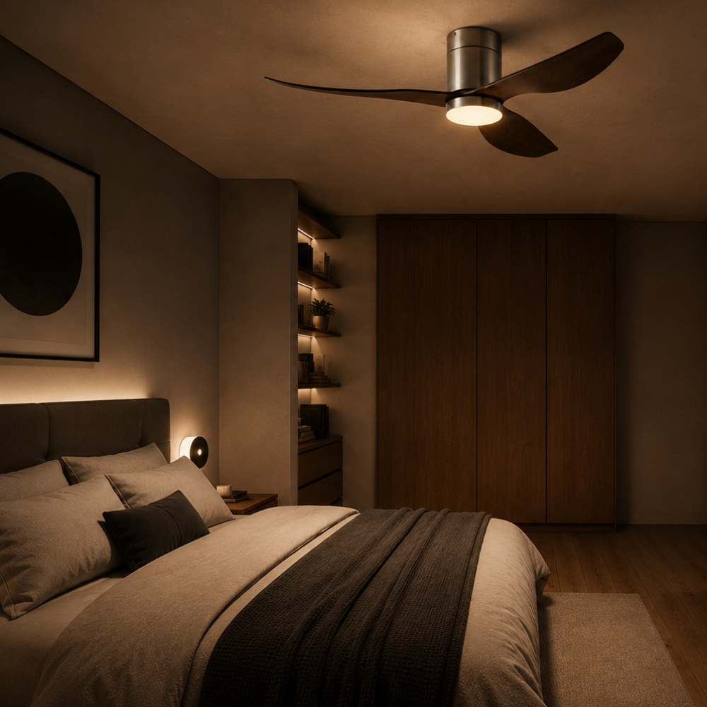 Ventilateur de plafond LED rétro argent, pales effet bois foncé – vue 5