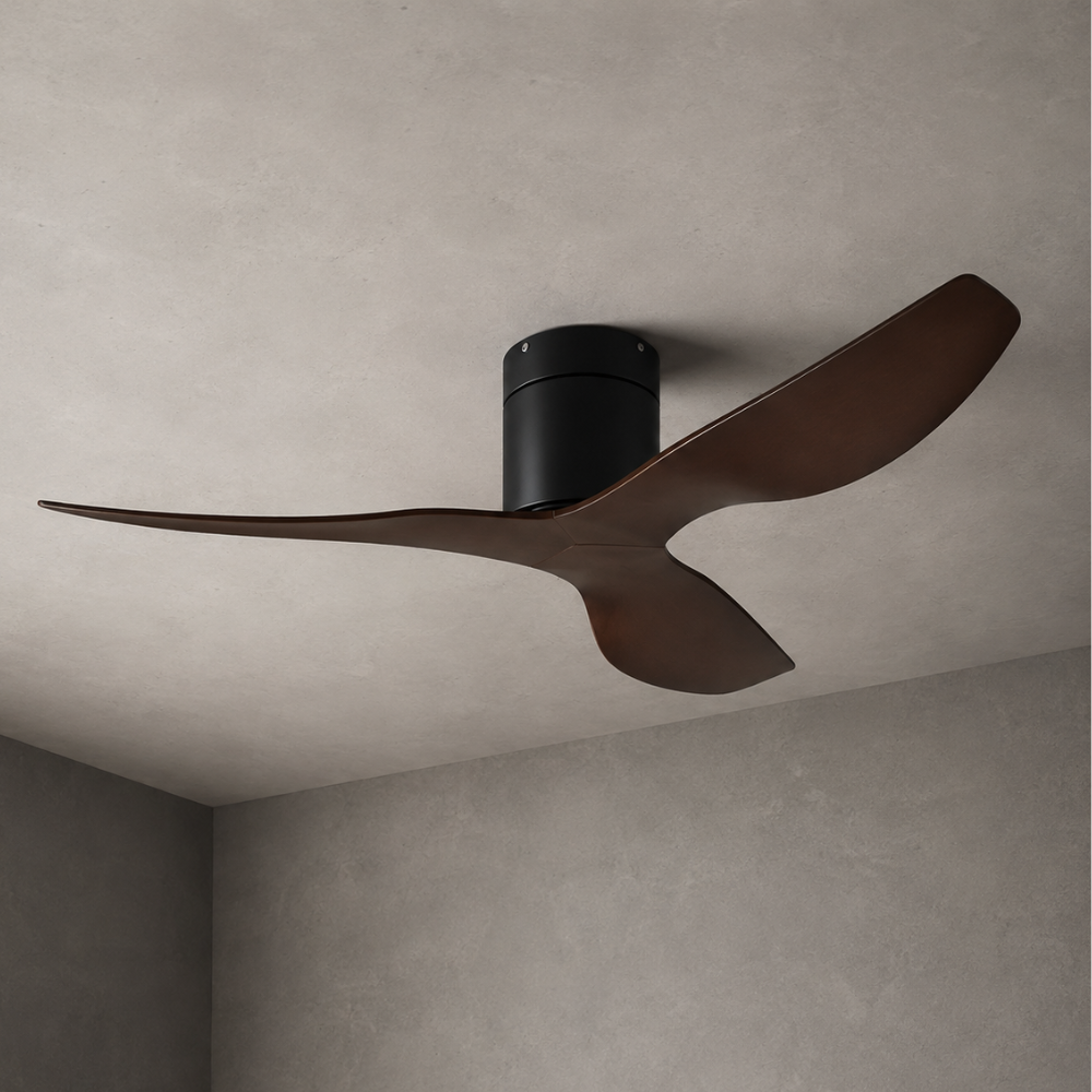 Ventilateur de plafond rétro noir, pales effet bois foncé