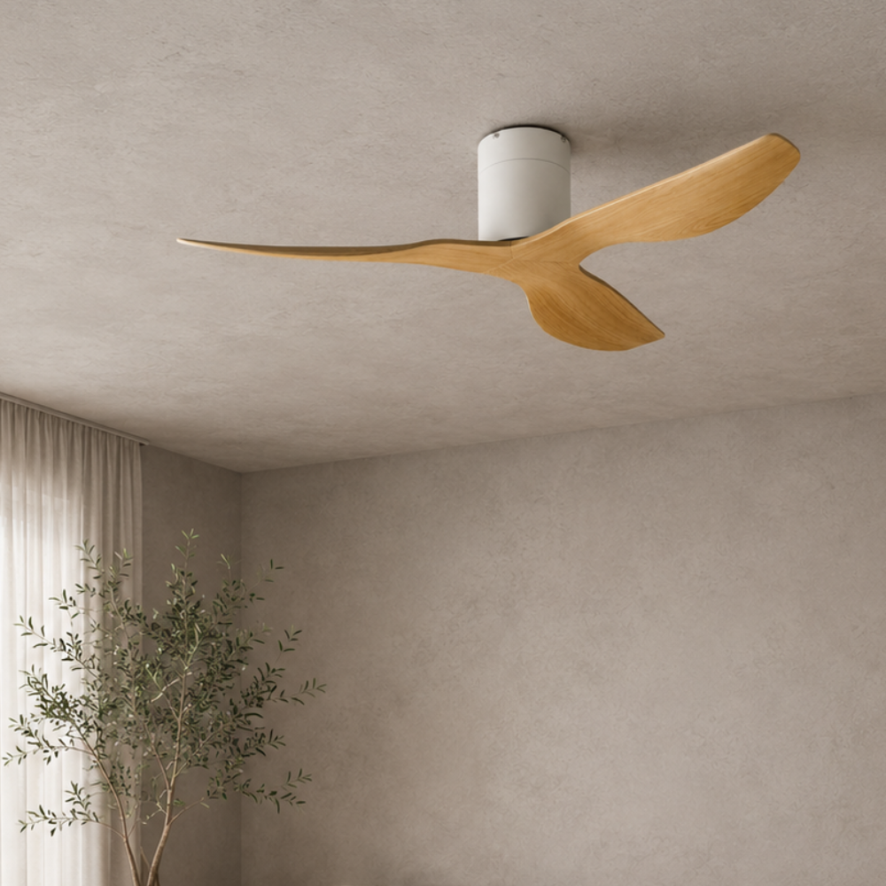 Ventilateur de plafond rétro blanc, pales effet bois clair – vue 5