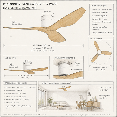 Ventilateur de Plafond – Blanc & ABS Bois Clair