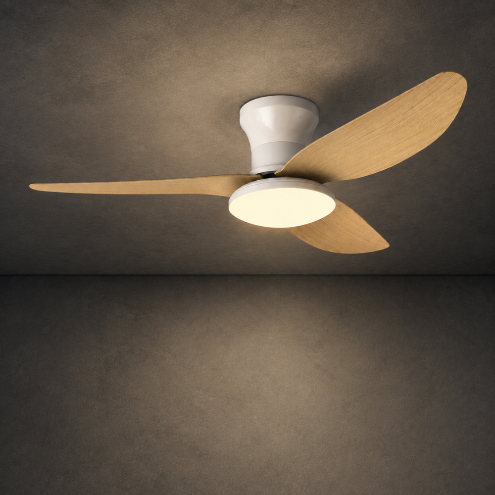 Plafonnier ventilateur LED blanc et bois clair