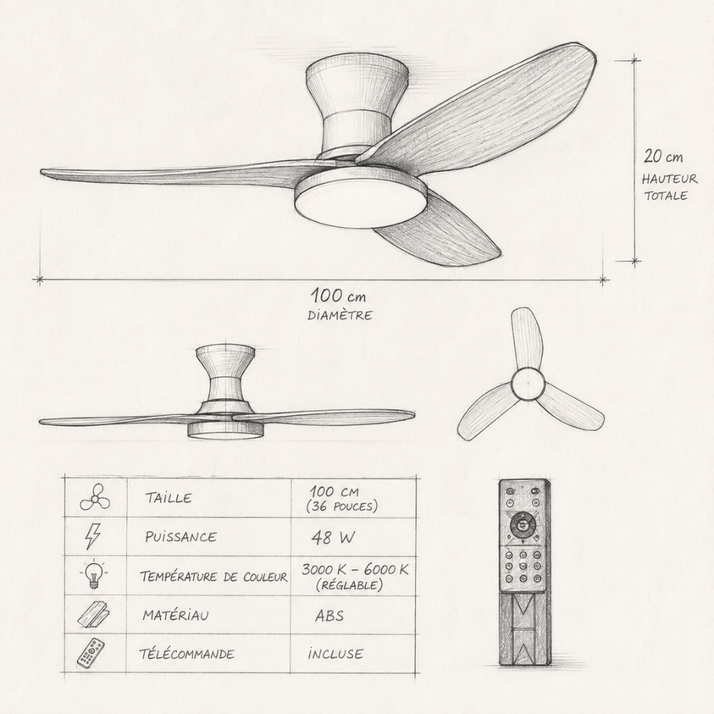 Plafonnier ventilateur LED blanc et bois clair – vue 5