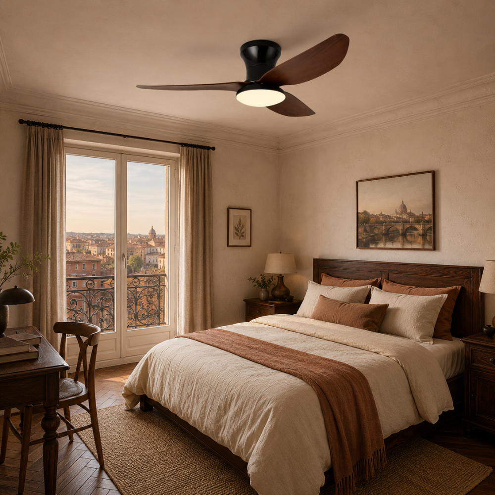Plafonnier ventilateur LED noir et bois foncé