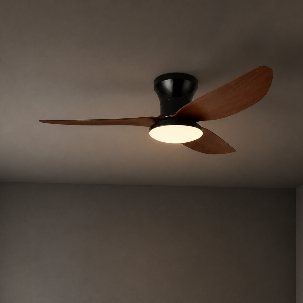 Plafonnier ventilateur LED noir et bois foncé – vue 4