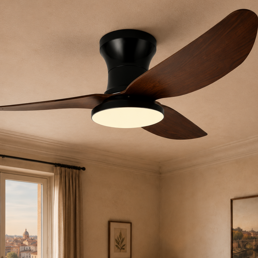 Plafonnier ventilateur LED noir et bois foncé – vue 2