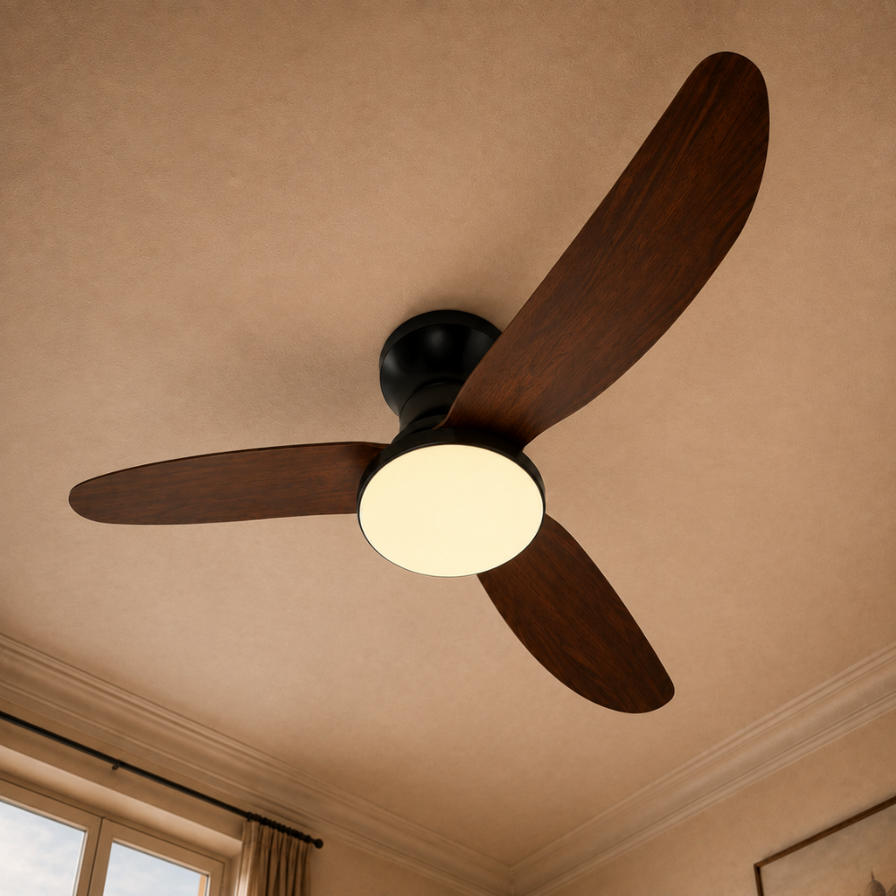 Plafonnier ventilateur LED noir et bois foncé – vue 3