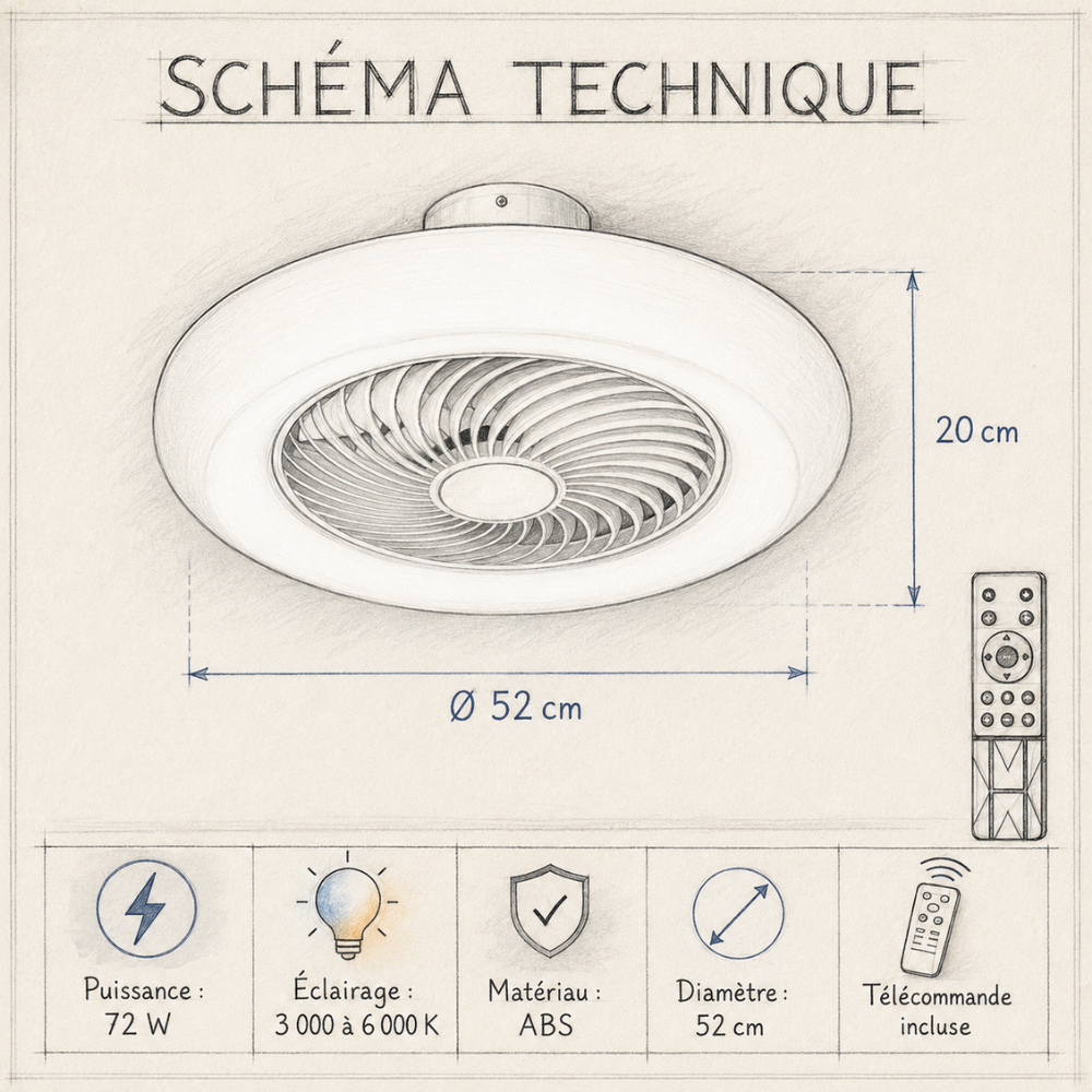 Plafonnier ventilateur LED à pales invisibles blanc – vue 4