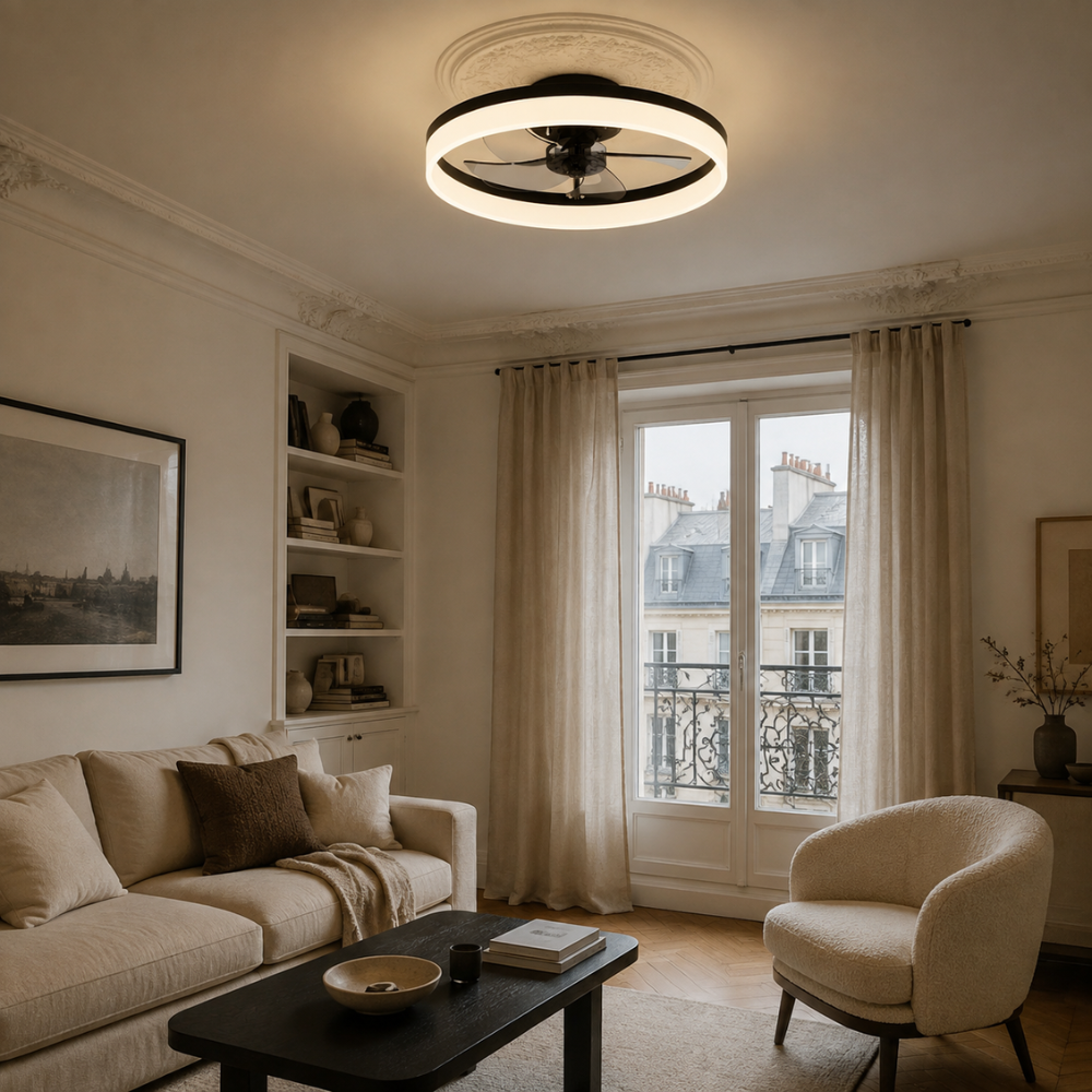 Plafonnier ventilateur LED connecté noir, design anneau
