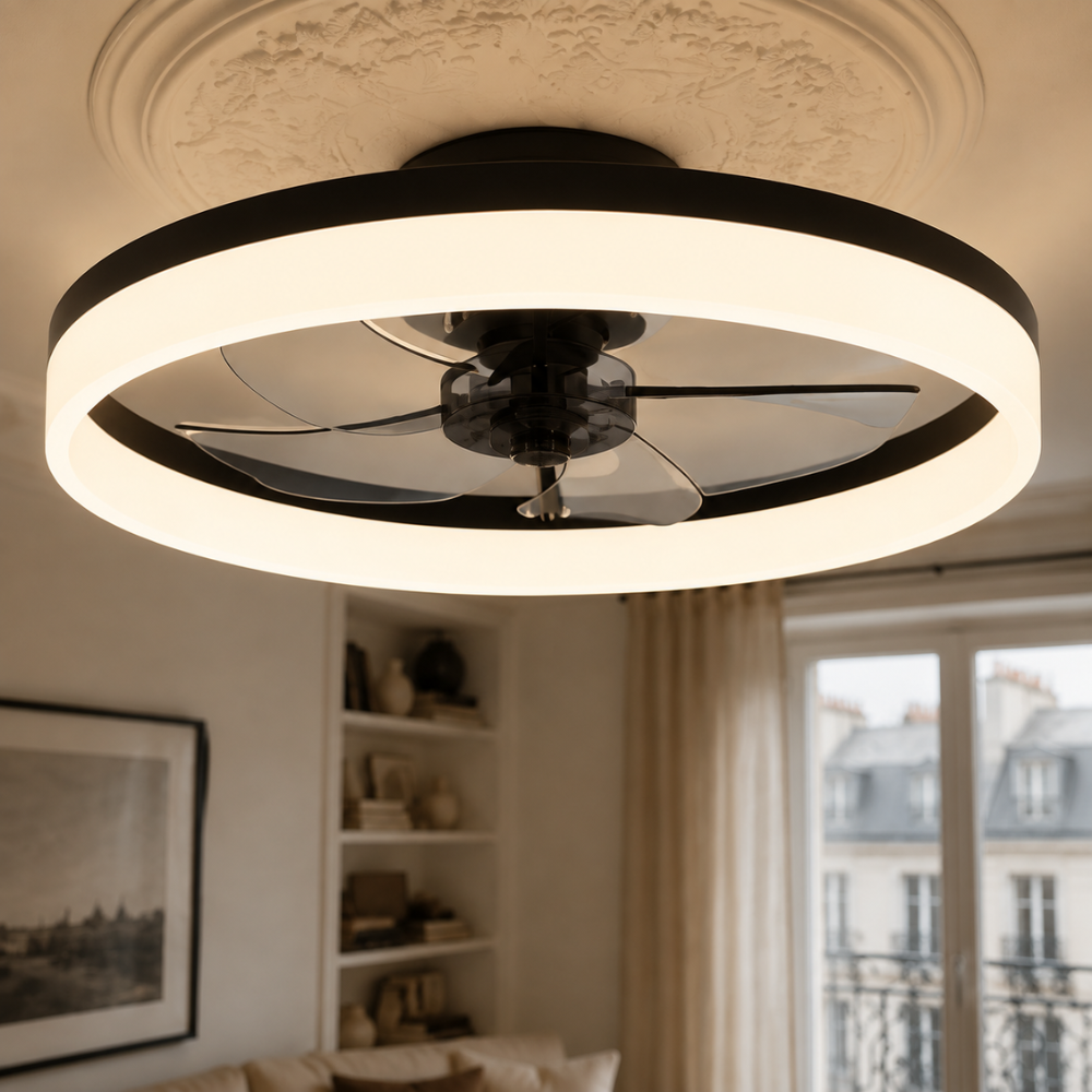 Plafonnier ventilateur LED connecté noir, design anneau – vue 2