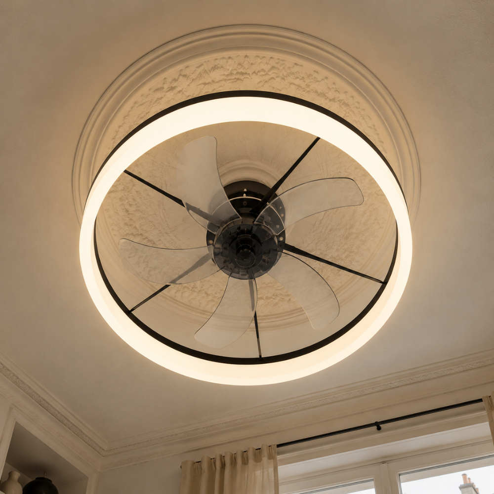 Plafonnier ventilateur LED connecté noir, design anneau – vue 3