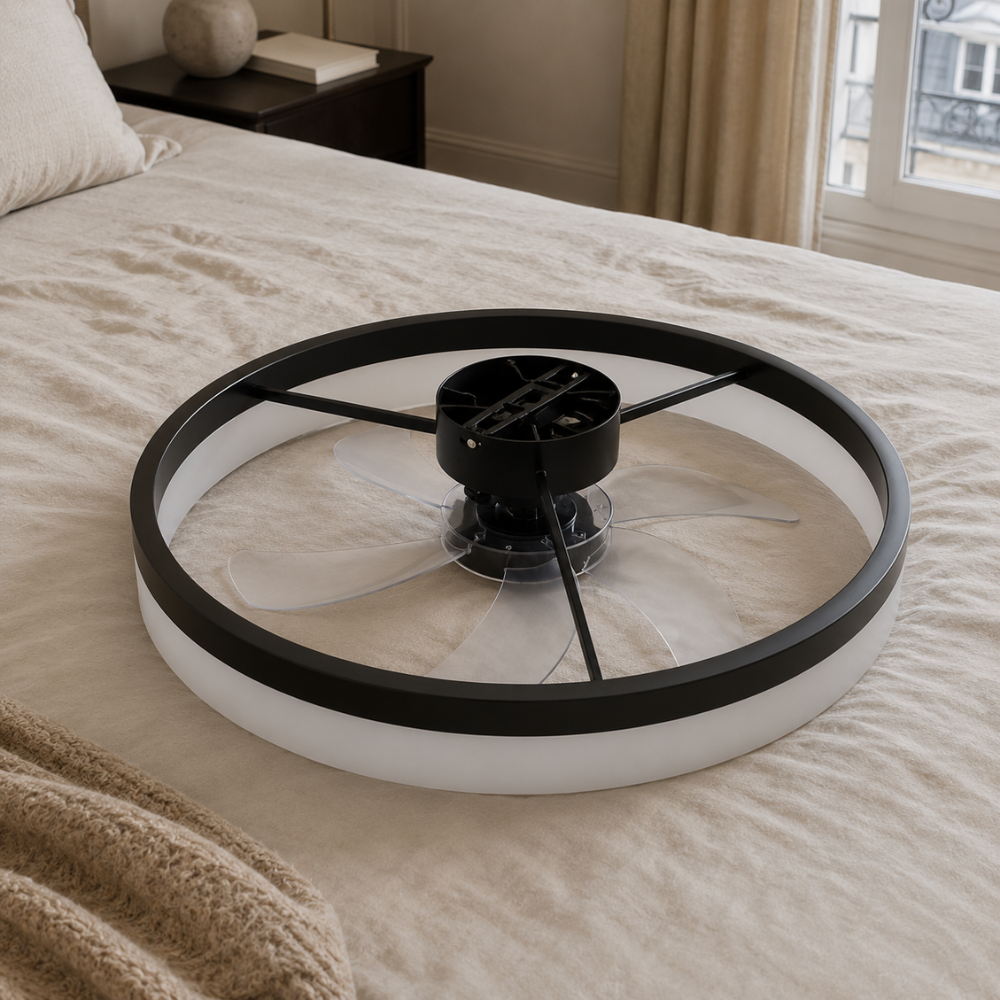 Plafonnier ventilateur LED connecté noir, design anneau – vue 4